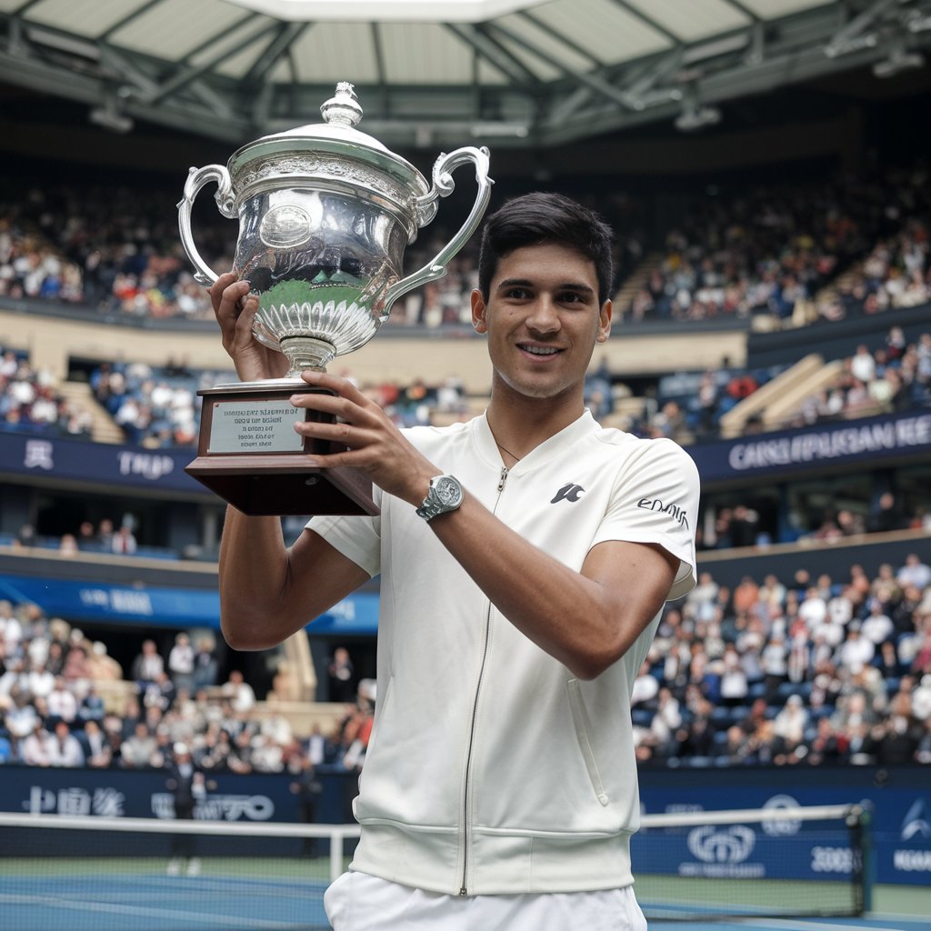 1. Carlos Alcaraz holds a trophy triumphantly in front of a cheering crowd after winning the China Open tennis championship. 2. Celebrating his victory, Carlos Alcaraz raises a trophy before an enthusiastic crowd following his win at the China Open. 3. In front of a lively audience, Carlos Alcaraz proudly displays his trophy after clinching the title at the China Open.