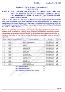 Federal Public Service Commission (FPSC) announce result 